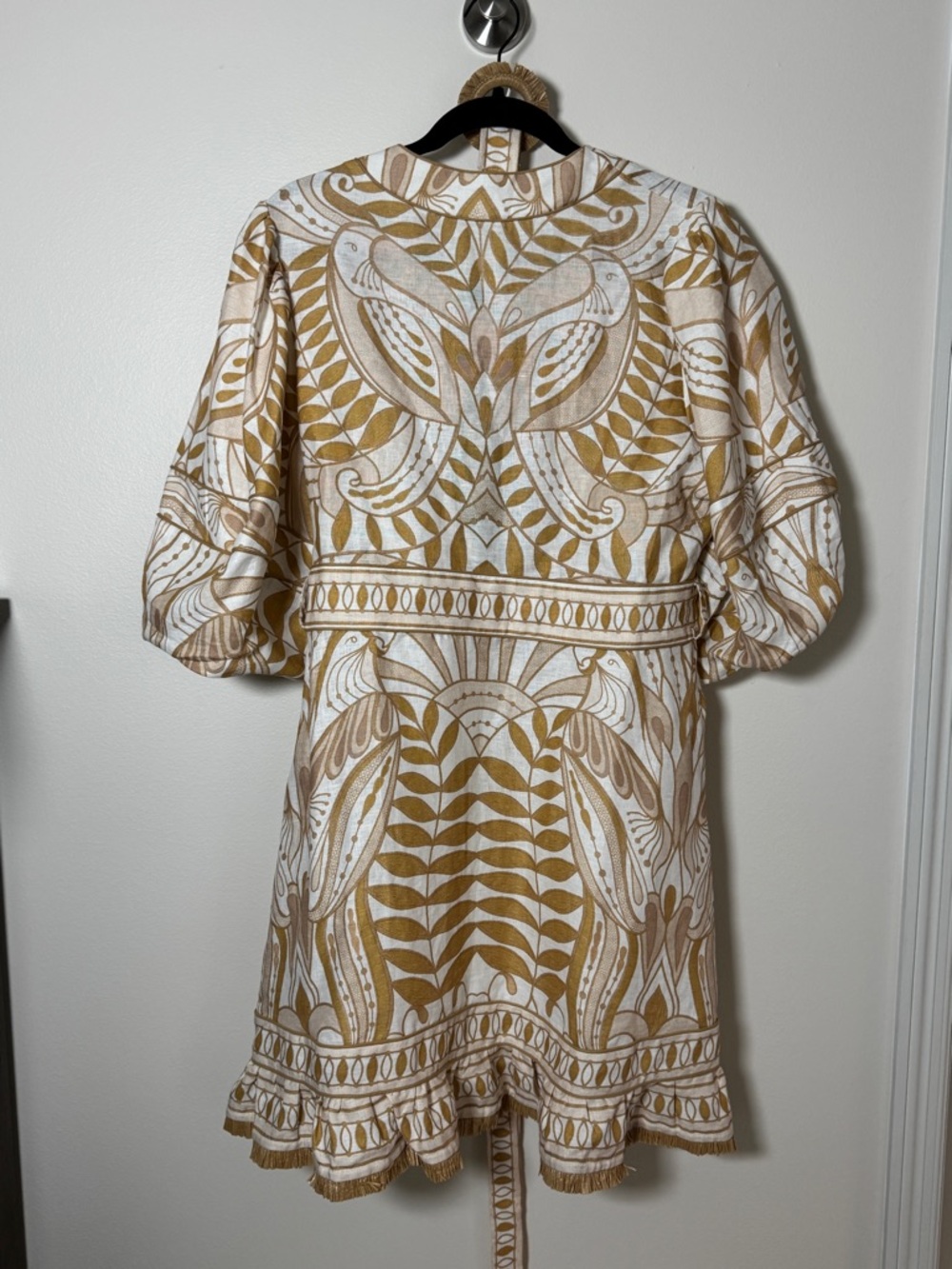 Farm Rio Beige Gold Botanical Puff Sleeve Mini Dress NWT XL Belted Boho - Picture 3 of 4